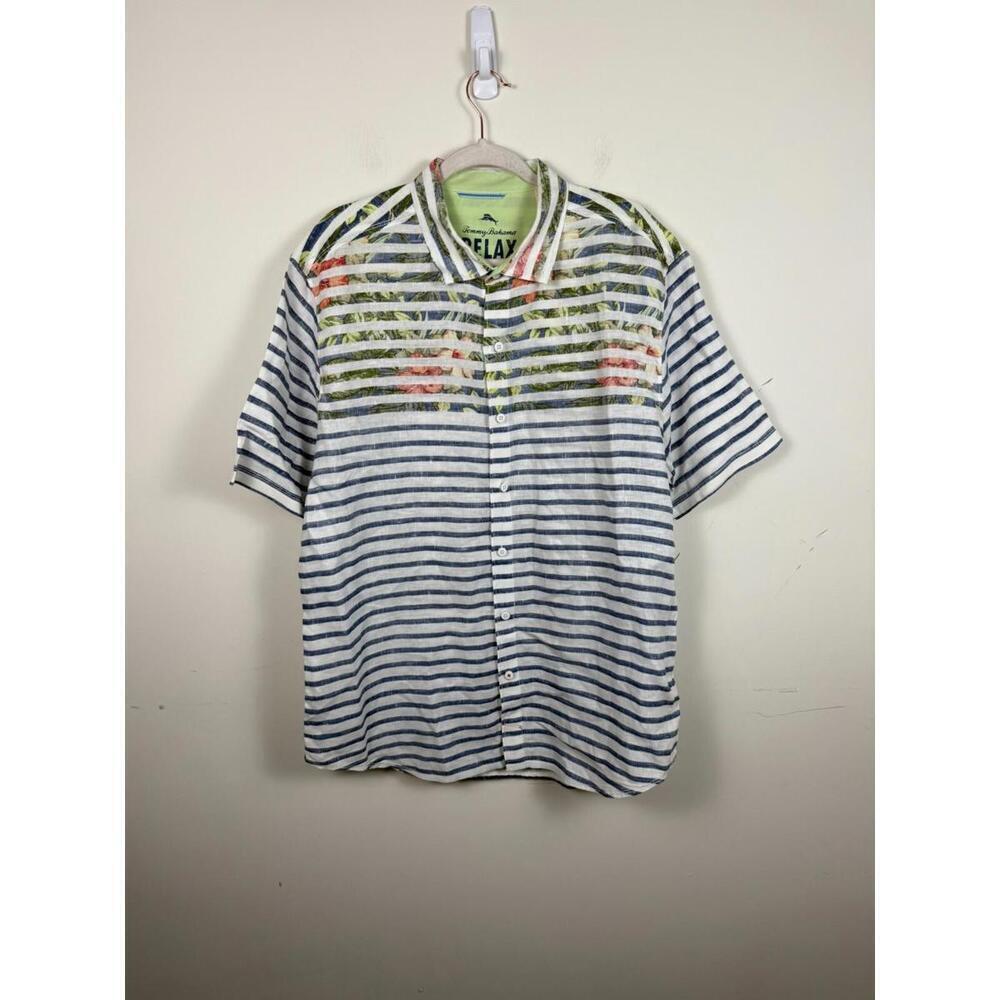 Tommy‎ Bahama Mens XL Linen Striped Floral Vacation Beach Button Up Shirt
